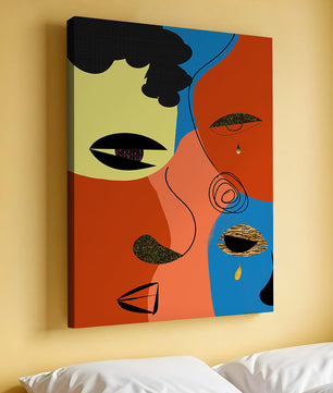 Abstract faces with vibrant colors and gold accents