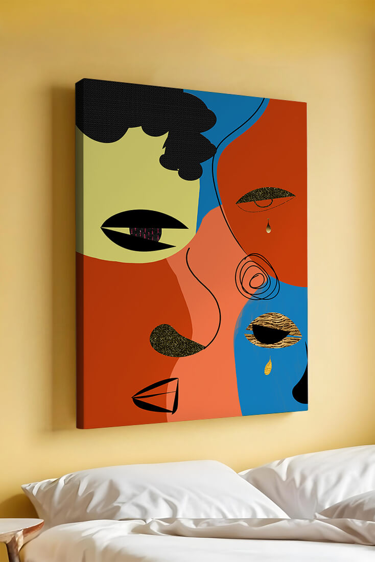 Abstract faces with vibrant colors and gold accents