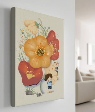 Charming Illustration of Children among Large Flowers with Playful Puppy