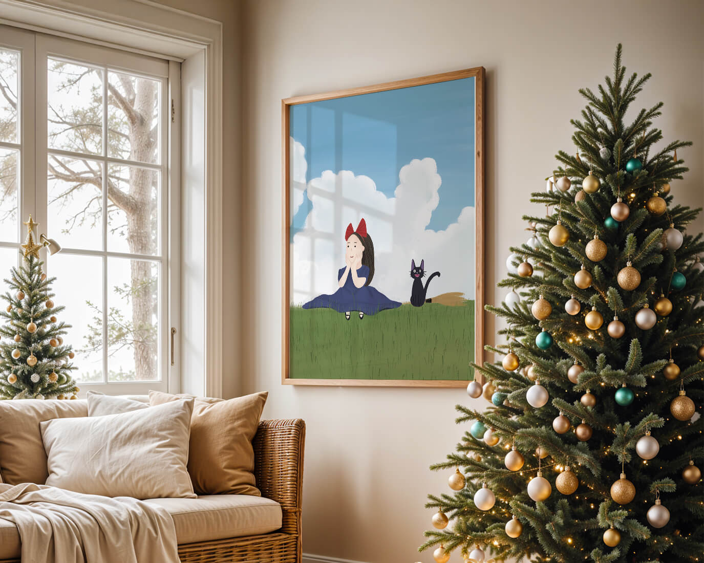 Girl with Red Bow and Cat in Lush Green Meadow