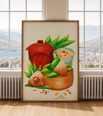 Illustrated traditional Chinese food with zongzi and rice wine