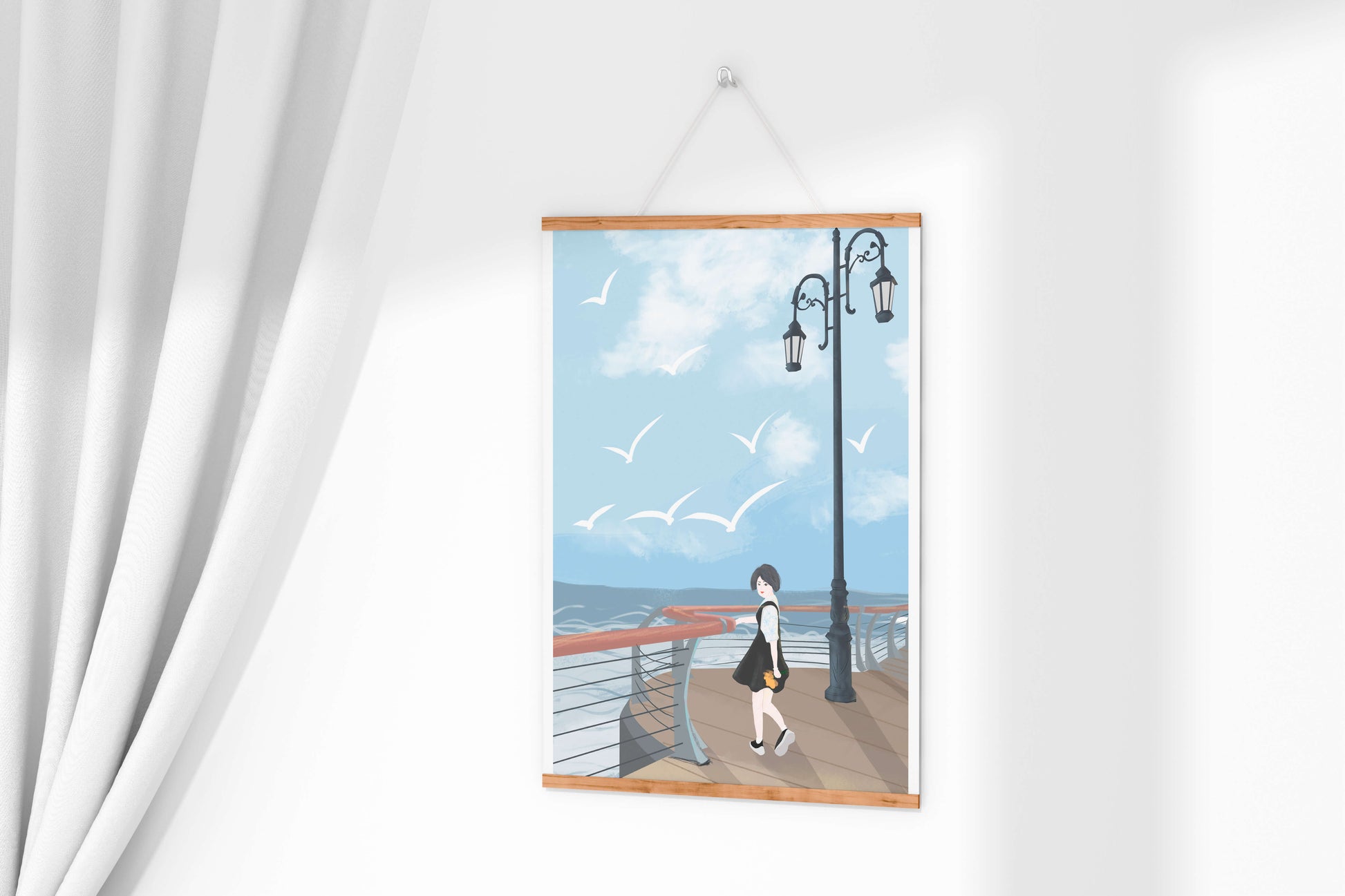 Seaside boardwalk with woman walking under street lamps amid seagulls