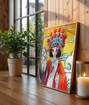 Eine elegante Darstellung asiatischer Kunst mit traditioneller Kleidung und kunstvollem Kopfschmuck