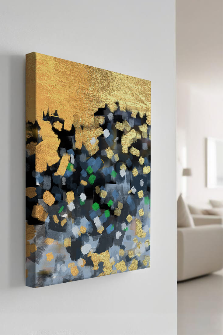 Abstract art with gold and colorful brushstrokes