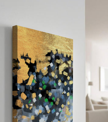 Abstract art with gold and colorful brushstrokes