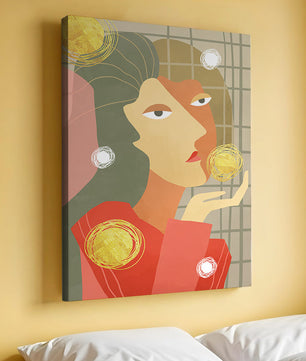 Abstract portrait artwork with geometric forms and gold accents