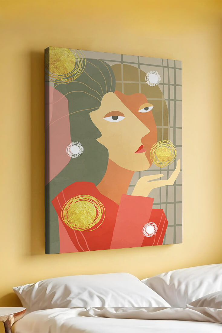 Abstract portrait artwork with geometric forms and gold accents