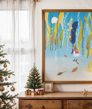 Whimsical scene with girl in colorful abstract forest