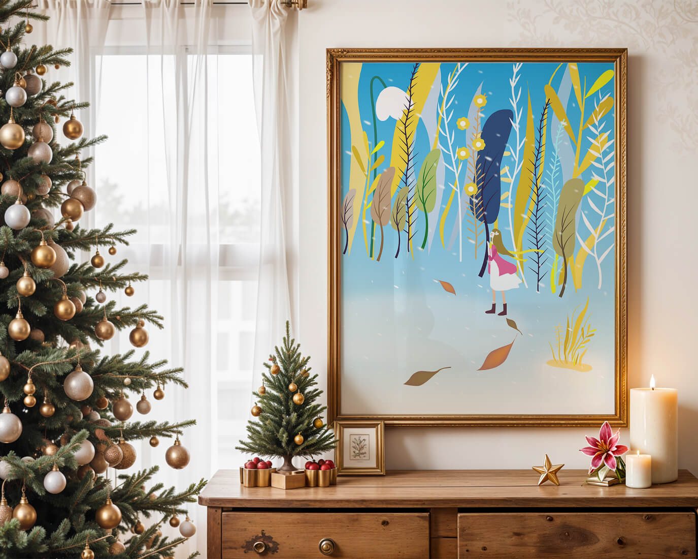 Whimsical scene with girl in colorful abstract forest