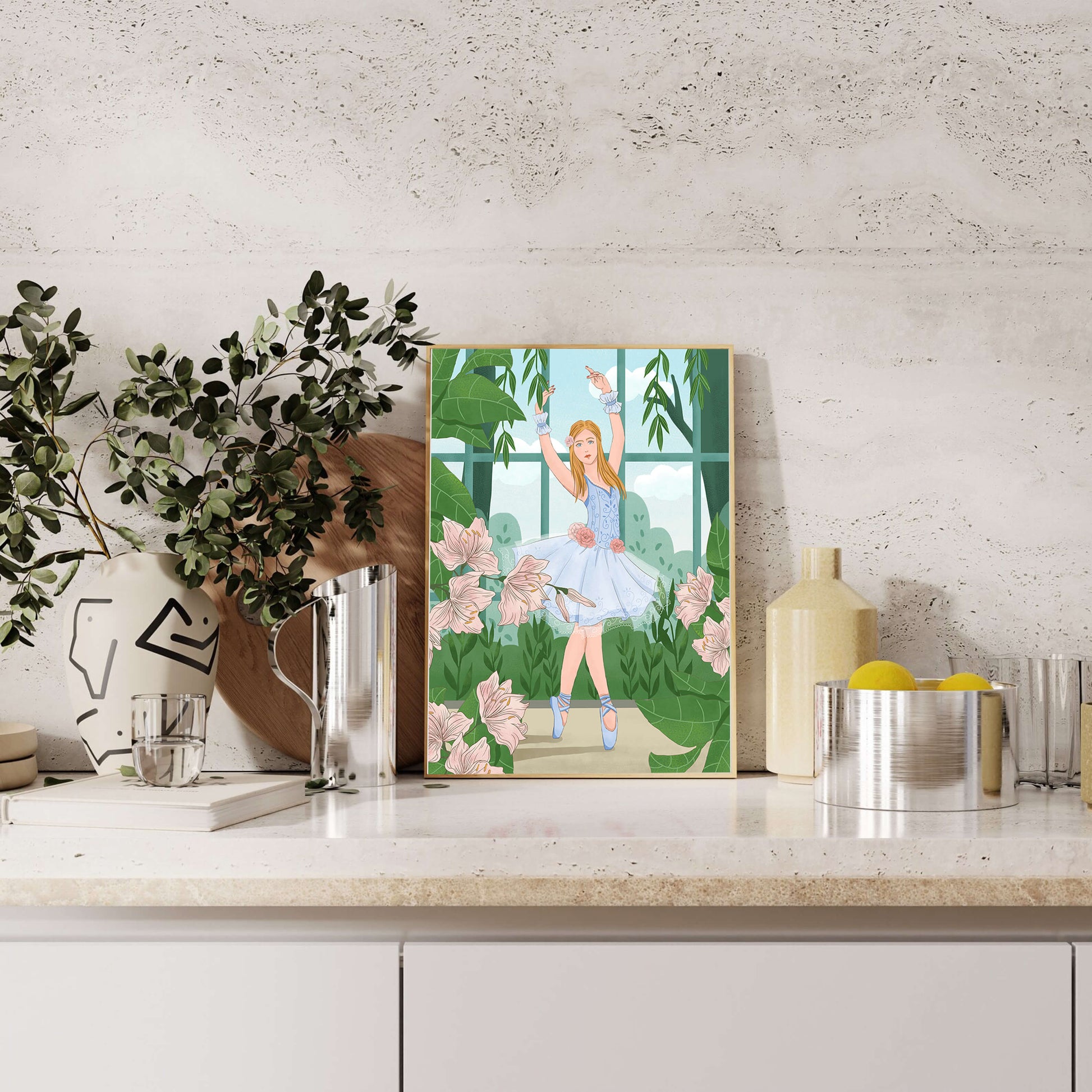Elegant ballet dancer in a floral and botanical setting