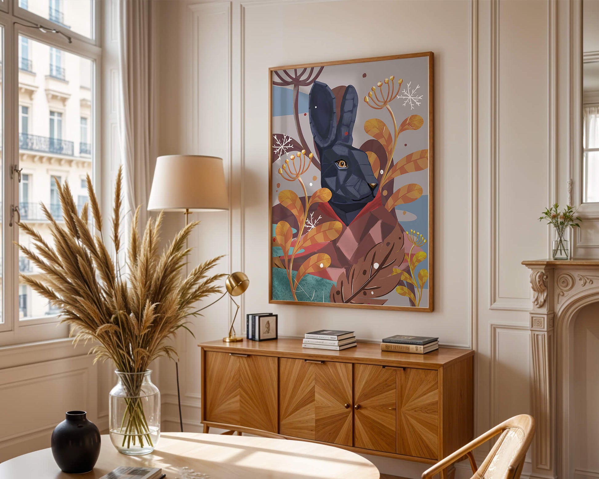 Abstract geometric rabbit in a vibrant autumn floral setting