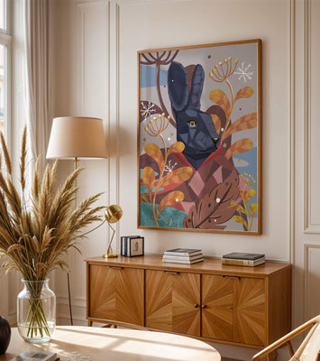 Abstract geometric rabbit in a vibrant autumn floral setting