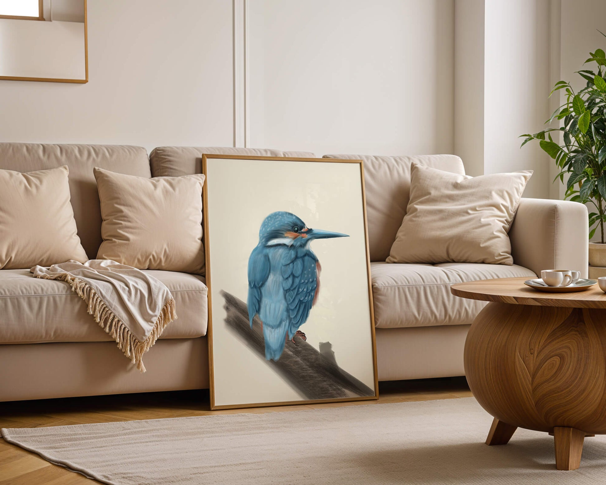 Illustration of a vibrant blue bird on a branch
