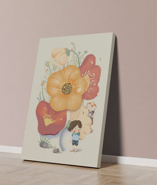 Charming Illustration of Children among Large Flowers with Playful Puppy