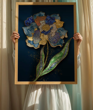 Diseño floral texturizado y colorido con contornos dorados sobre fondo oscuro