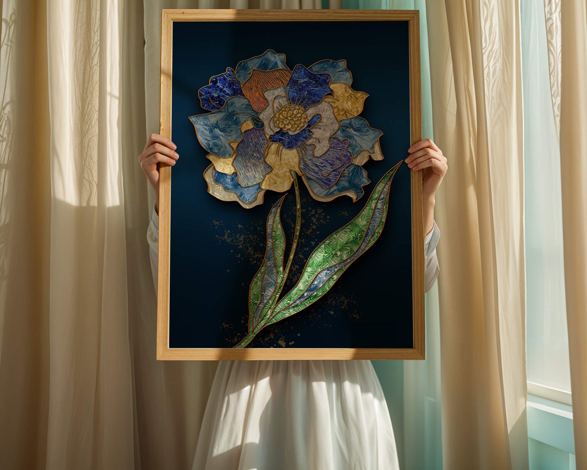 Diseño floral texturizado y colorido con contornos dorados sobre fondo oscuro