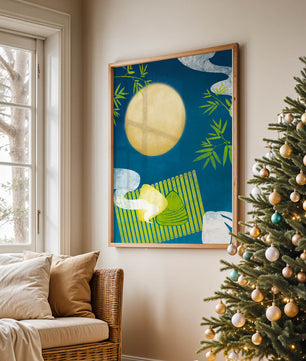 Moonlit night with bamboo and dumplings on a mat