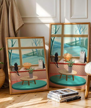 Cozy interior with a cat by the window and potted plants