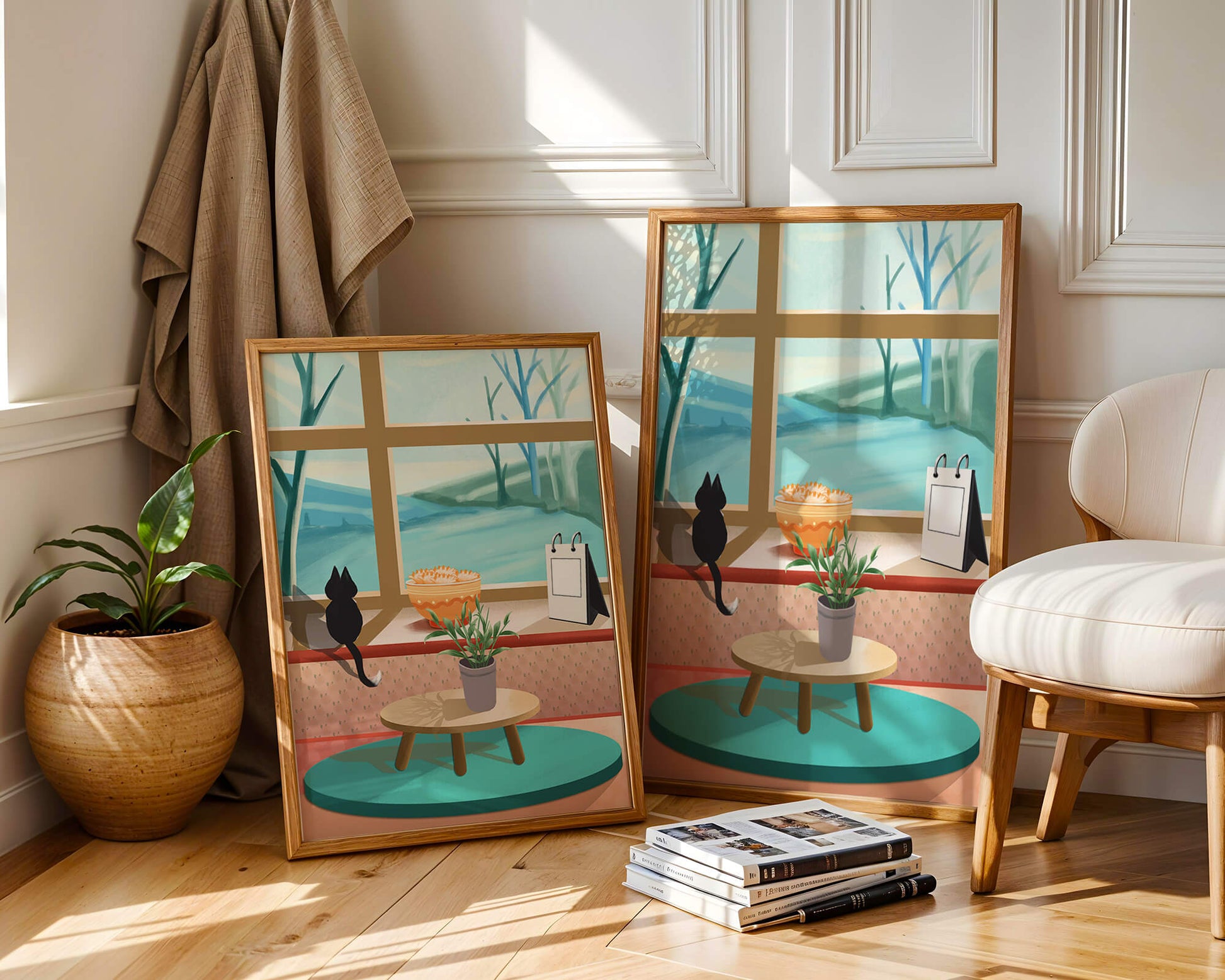 Cozy interior with a cat by the window and potted plants