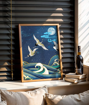 Una escena nocturna serena con grullas y olas al estilo del arte tradicional japonés