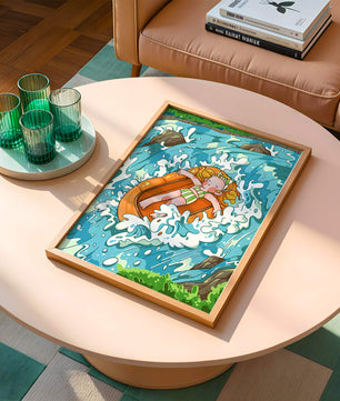 Adventurous raft ride down a vibrant cartoon river with character