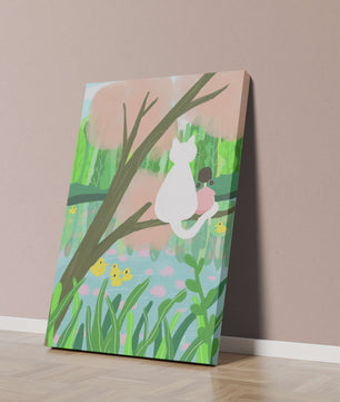 Encantadora ilustración al pastel de una niña y un gato junto a un estanque tranquilo
