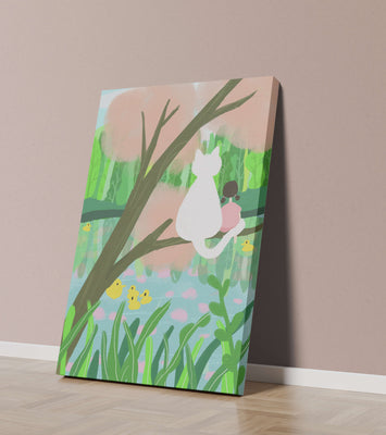 Charming Pastel Illustration of Girl and Cat by a Tranquil Pond