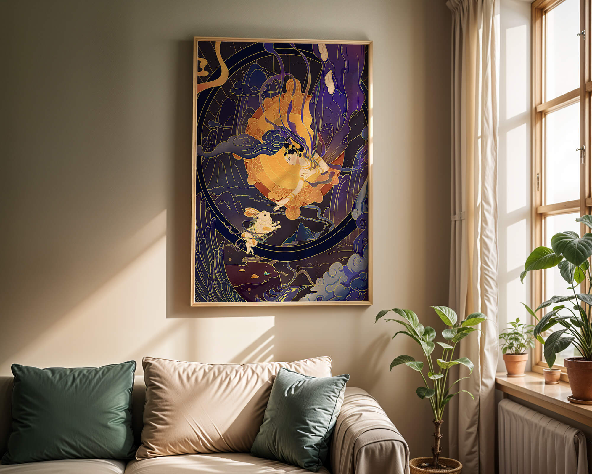 Elegant goddess reaching towards a celestial rabbit in a cosmic scene