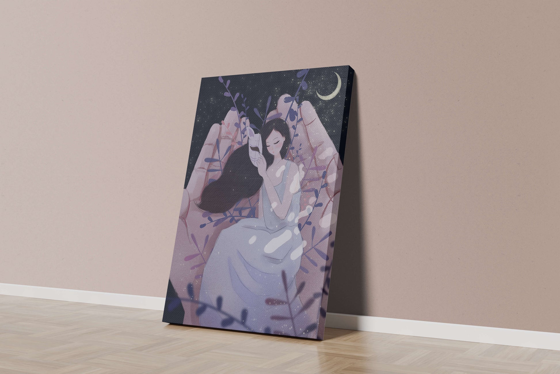 Un momento tierno bajo la luz de la luna con máscara y atmósfera onírica