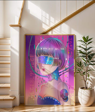 Chica cyberpunk futurista con colores neón y elementos de realidad virtual
