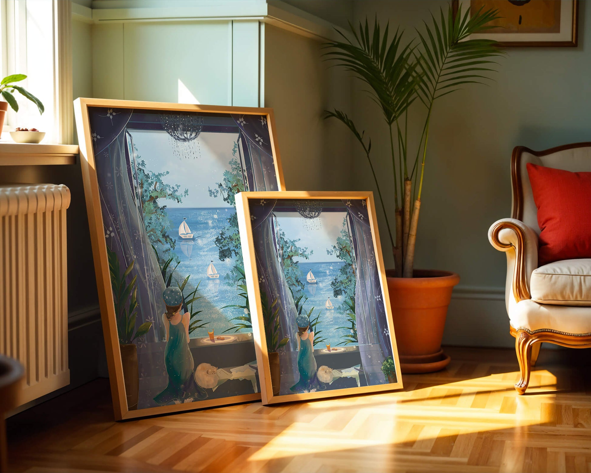 Peaceful Seaside View Through Open Window with Girl and Cat