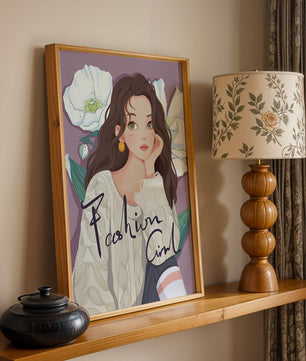 Illustrated fashion girl with floral background and purple theme