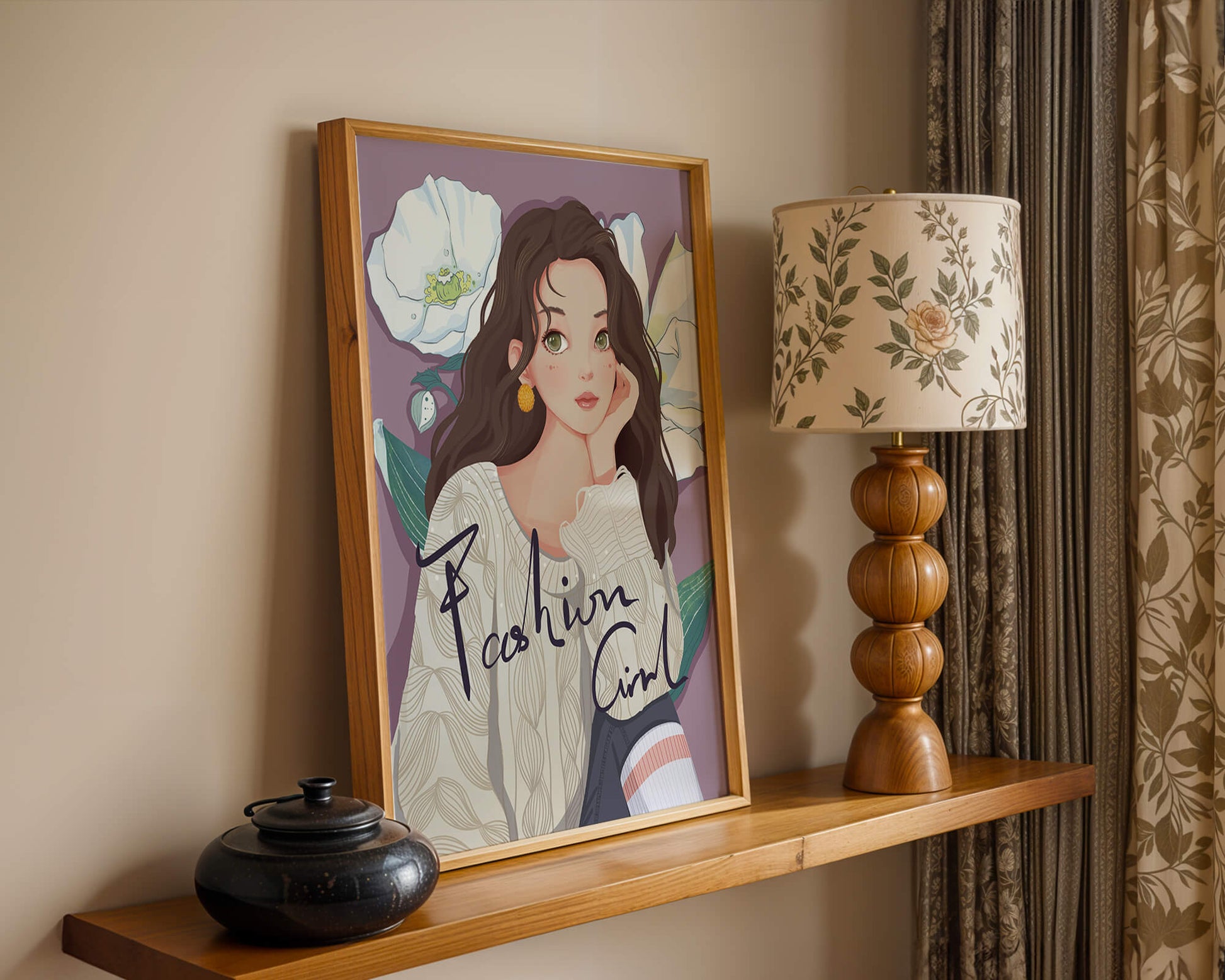 Illustrated fashion girl with floral background and purple theme
