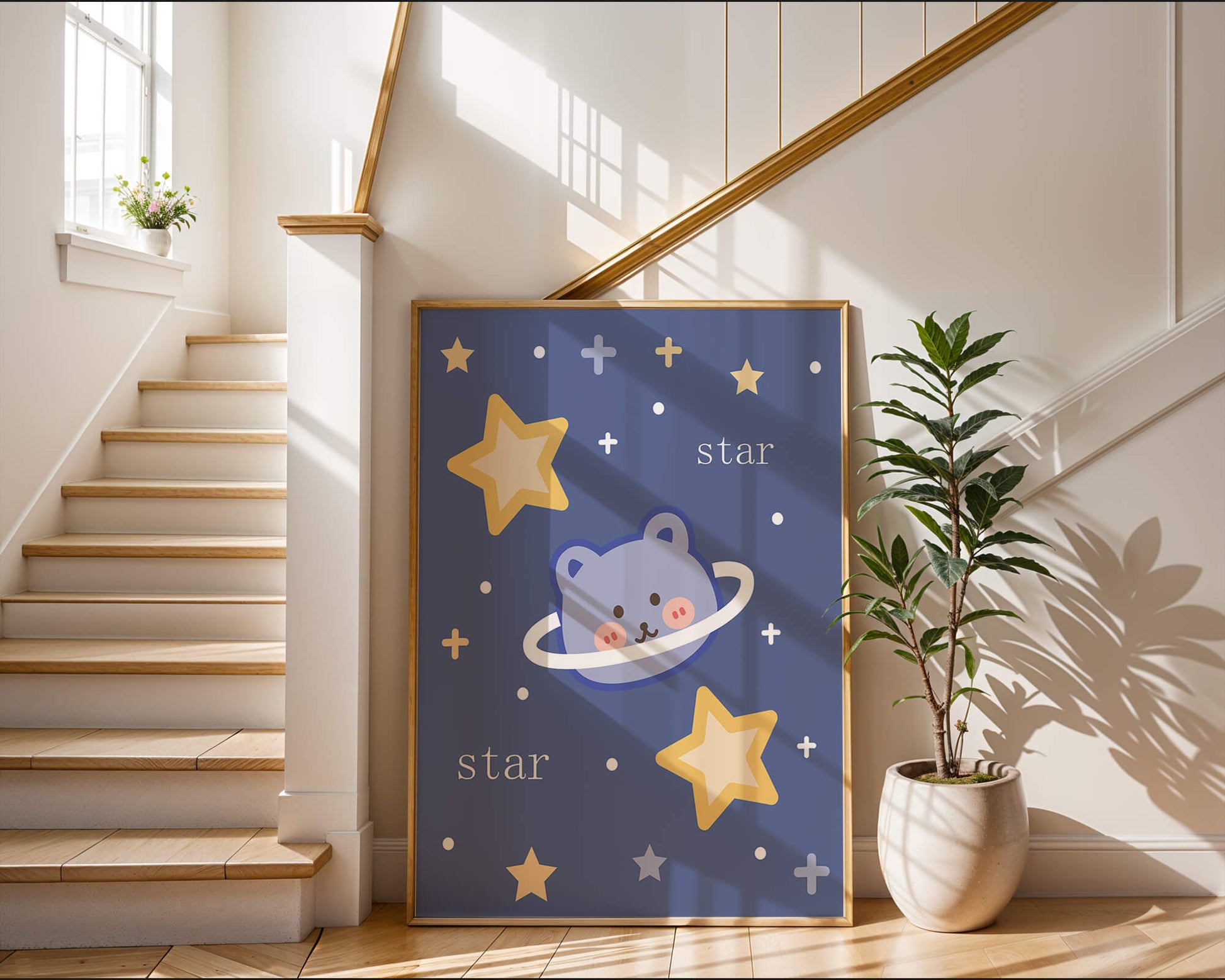 Adorable cartoon bear with stars on a blue background