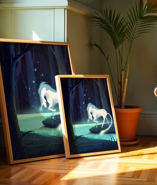 Escena nocturna encantadora con un unicornio junto a un arroyo del bosque