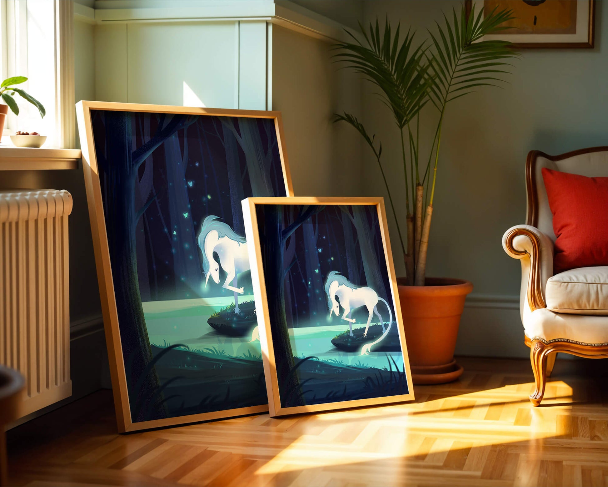 Enchanting night scene with a unicorn by a forest stream
