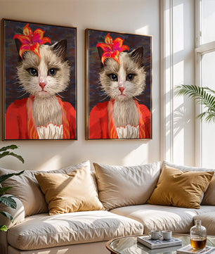 Retrato de gato con acentos de flores vibrantes y atuendo colorido