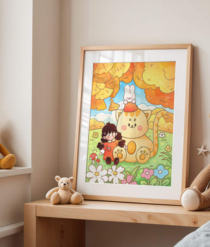 Ilustración caprichosa de una niña, un gato y un conejo en un paisaje otoñal
