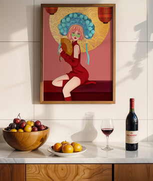 Elegante Illustration einer Frau in traditioneller Kleidung mit einem Fächer