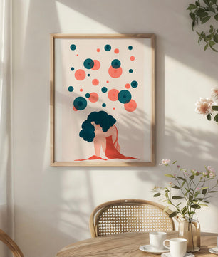 Abstract Illustration of a Woman with Curly Blue Hair Surrounded by Colorful Circles - Mi tienda