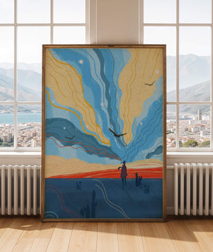 Paisaje abstracto colorido con figura y pájaros