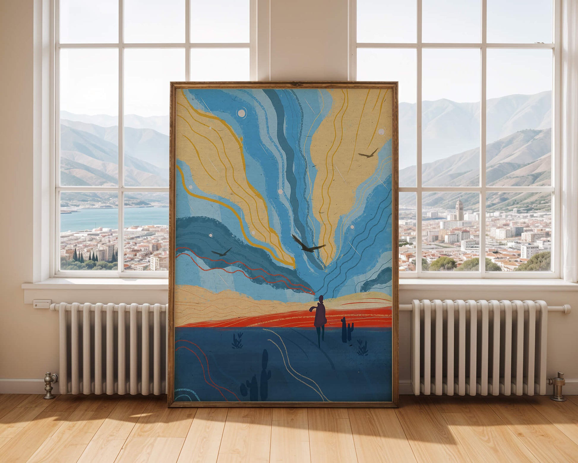 Colorful abstract landscape with figure and birds
