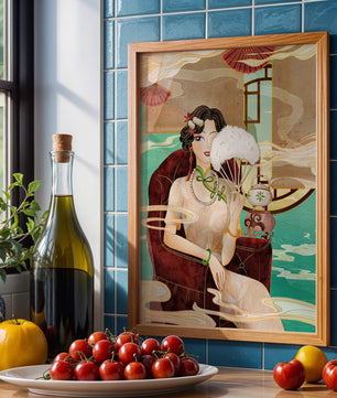 Œuvre d'art élégante d'inspiration asiatique vintage représentant une femme avec un éventail