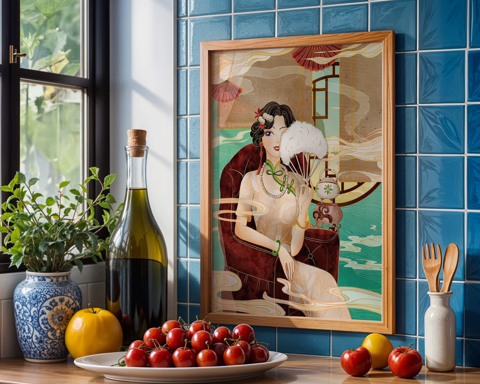 Elegant vintage Asian-inspired artwork featuring a woman with a fan