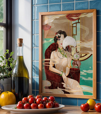 Elegant vintage Asian-inspired artwork featuring a woman with a fan