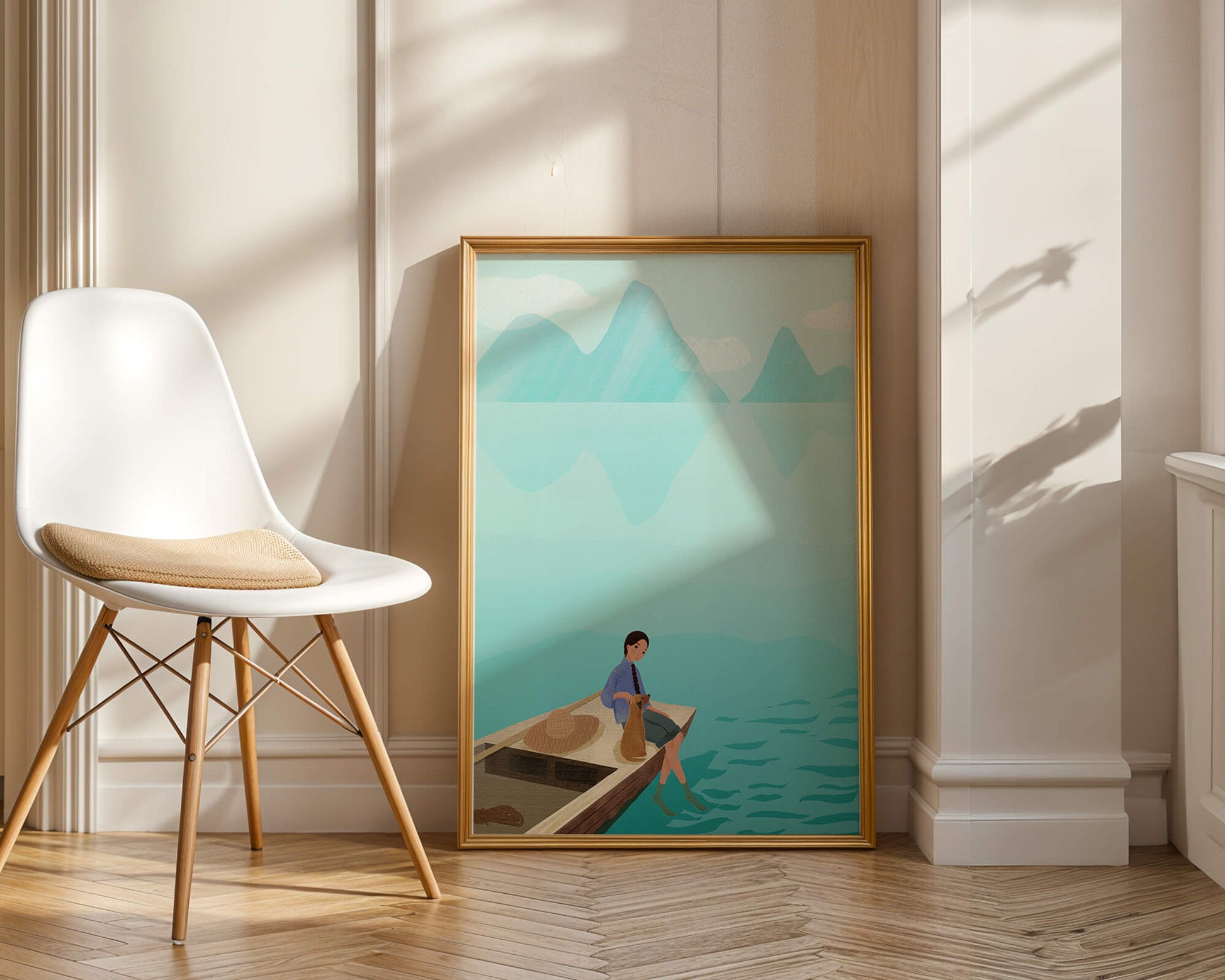 Serene scene with woman and dog on a boat by tranquil waters