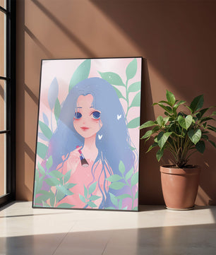 Illustration of a blue-haired girl surrounded by greenery