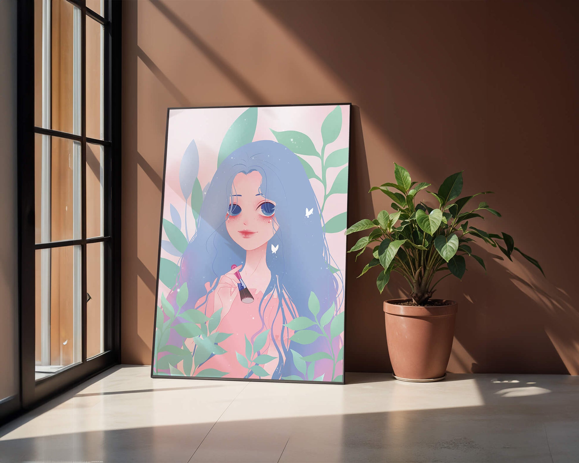 Illustration of a blue-haired girl surrounded by greenery