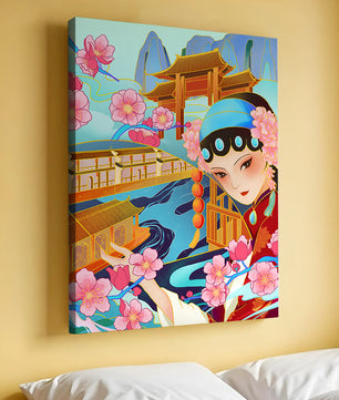 Traditional Asian art with cherry blossoms and architecture