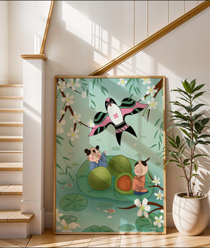 Children Playing on Lotus Leaves with Kite and Cherry Blossoms